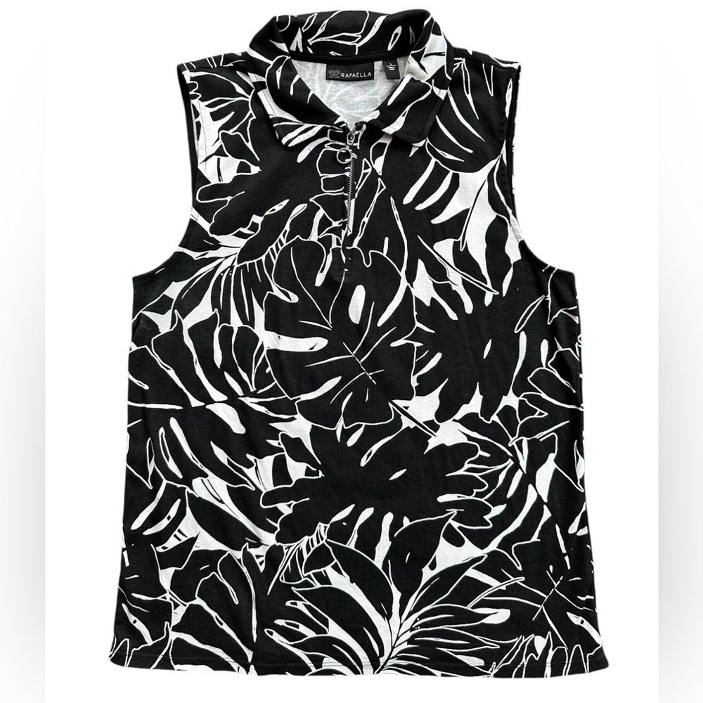 Rafaella Sleeveless Top Women L Black White Tropical Monstera Zip Neck Excellent